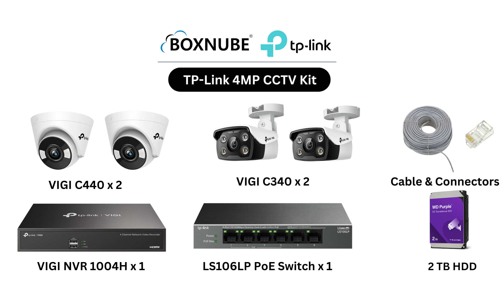 TP-Link VIGI 4MP Full HD 4 Camera Kit Bundle | 2 x VIGI C340 2 x VIGI C440 1 x 4 Channel NVR, 1 x 4 Port PoE Switch, 100M CAT6 Cable & RJ45 Connector TP-Link VIGI 4MP Full HD 4 Camera Kit Bundle | 2 x VIGI C340 2 x VIGI C440 1 x 4 Channel NVR, 1 x 4 Port PoE Switch, 100M CAT6 Cable & RJ45 Connector